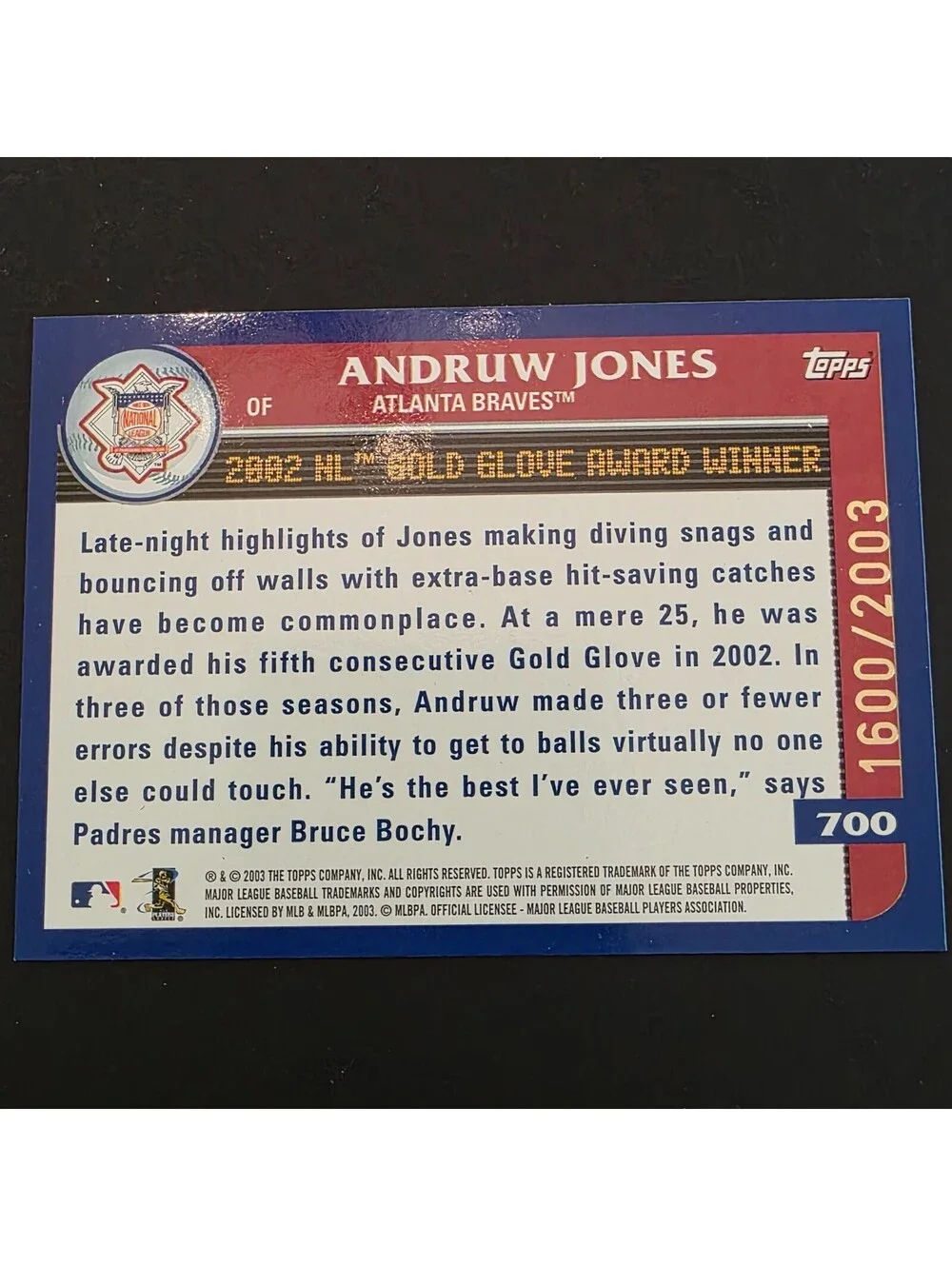 2003 Topps - Award Winner Andruw Jones #700 Gold /2003